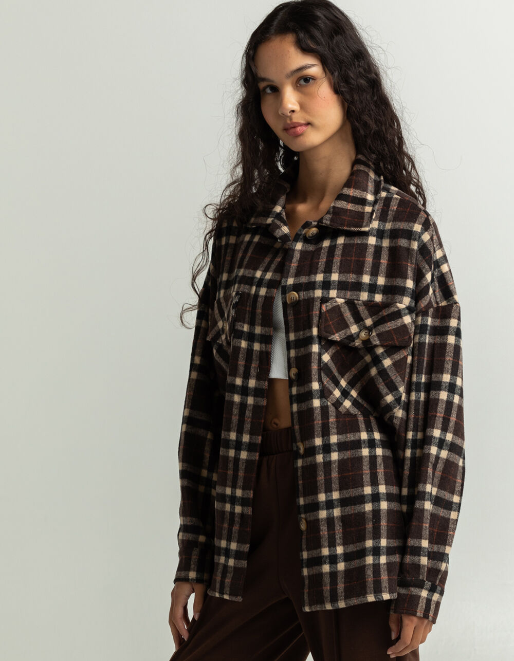 TIMING Plaid Womens Shacket BROWN Tillys