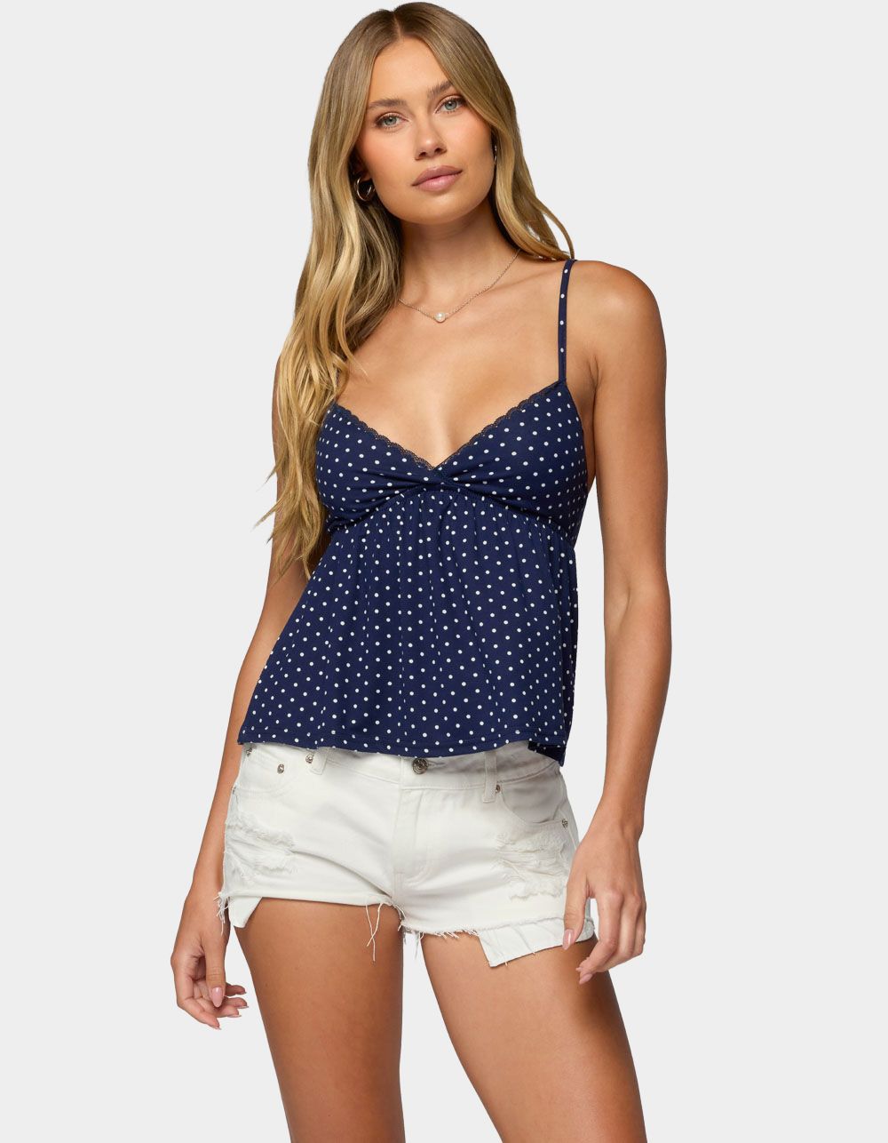EDIKTED Belen Polka Dot Lacey Babydoll Top - NAVY