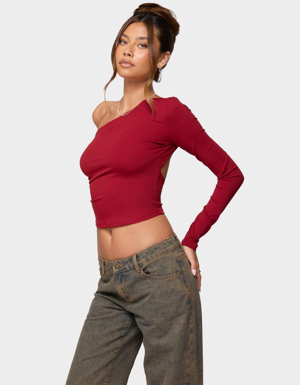 EDIKTED Mila Asymmetric Backless One Shoulder Top - RED