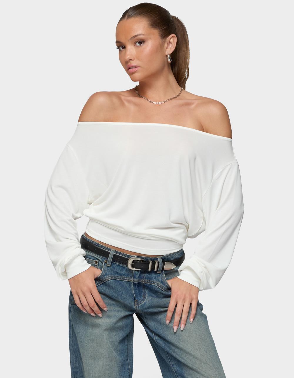 EDIKTED Nannie Off Shoulder Oversized Top - WHITE