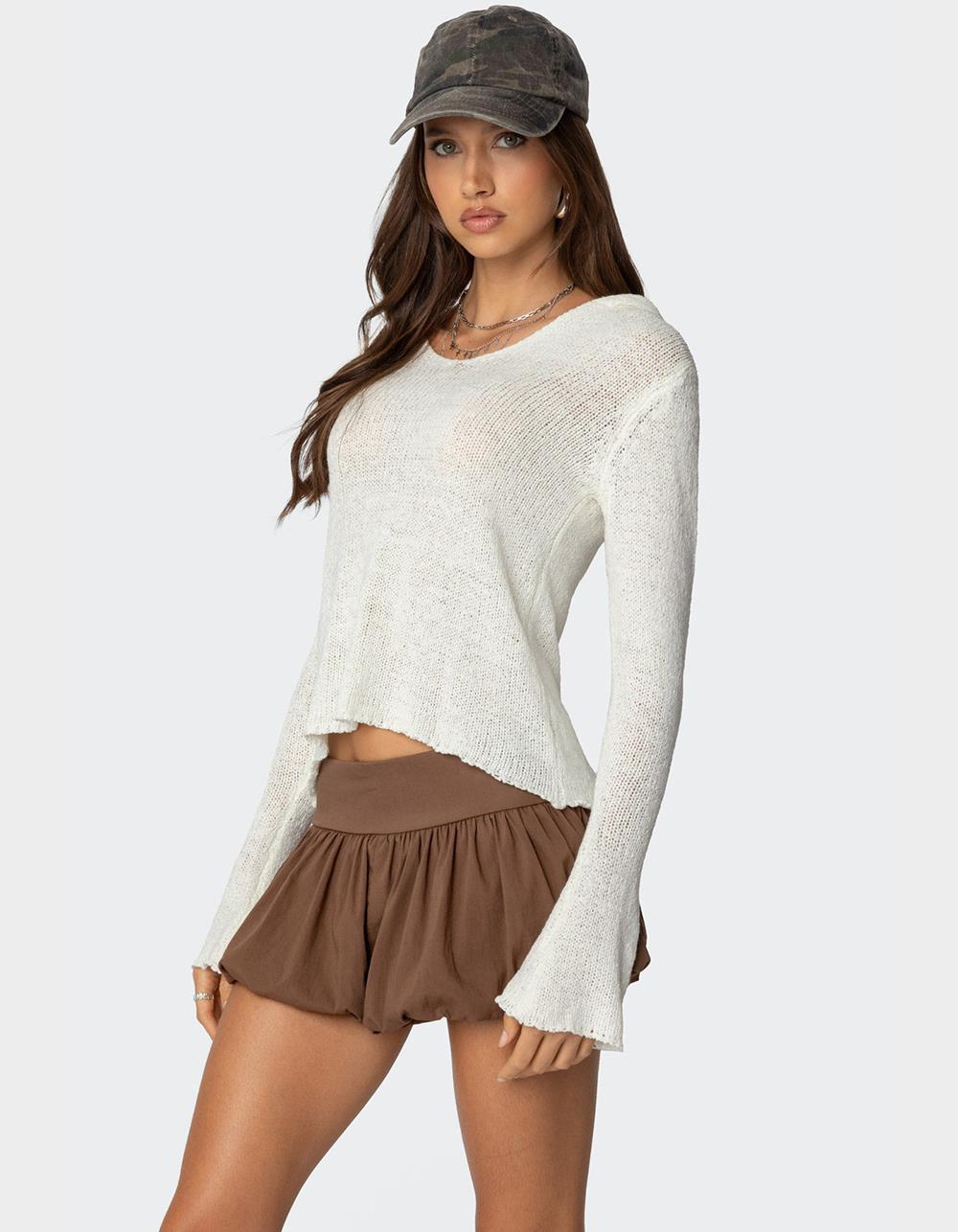 EDIKTED Mai Hooded V-Neck Sweater - BEIGE