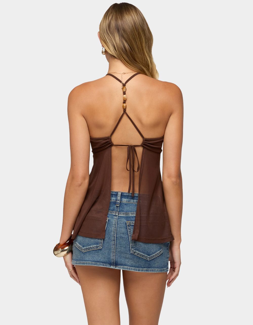 EDIKTED Alesi Beaded Tie Back Top - BROWN