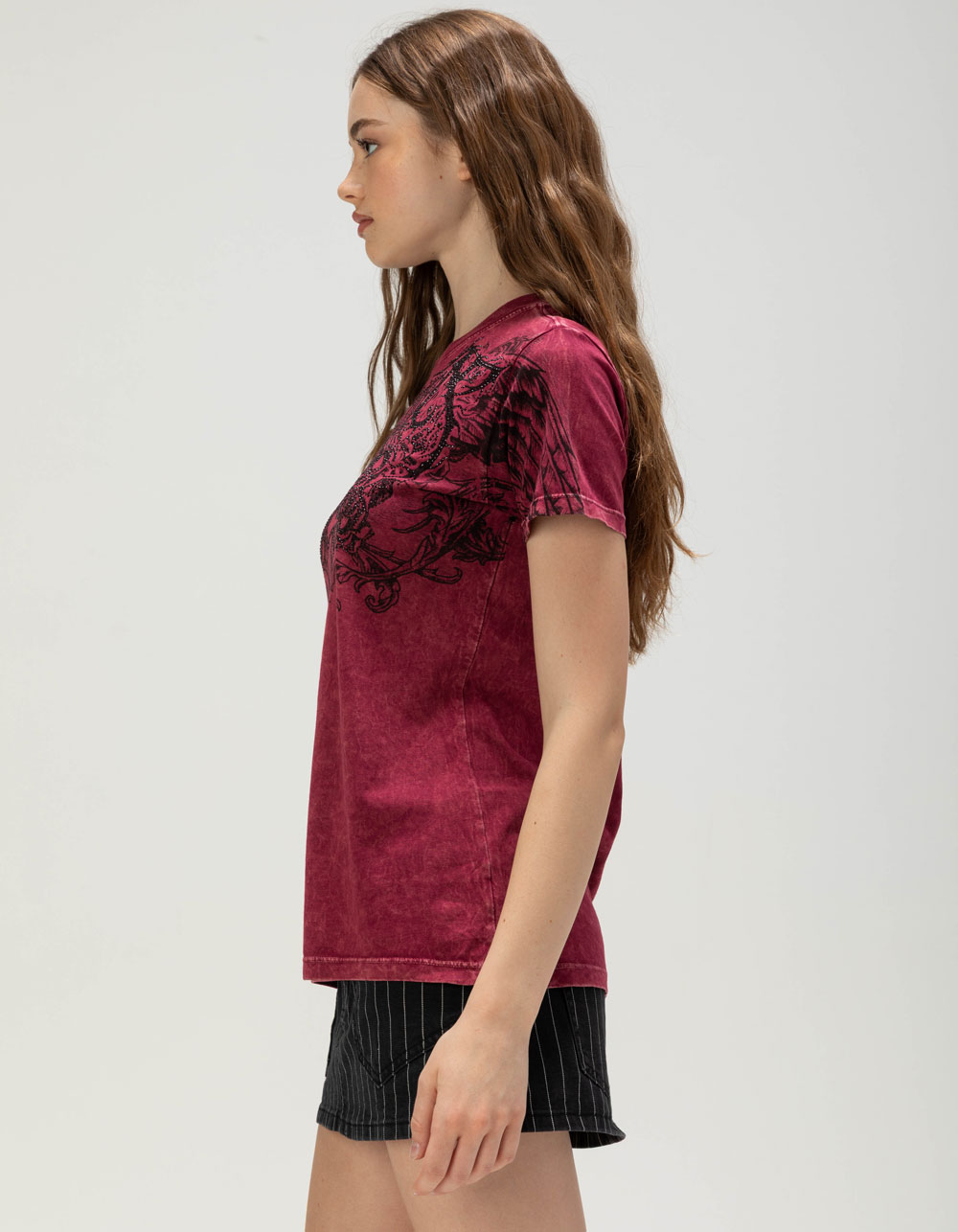 AFFLICTION Pale Sorrow Womens Rhinestone Tee - BURGUNDY