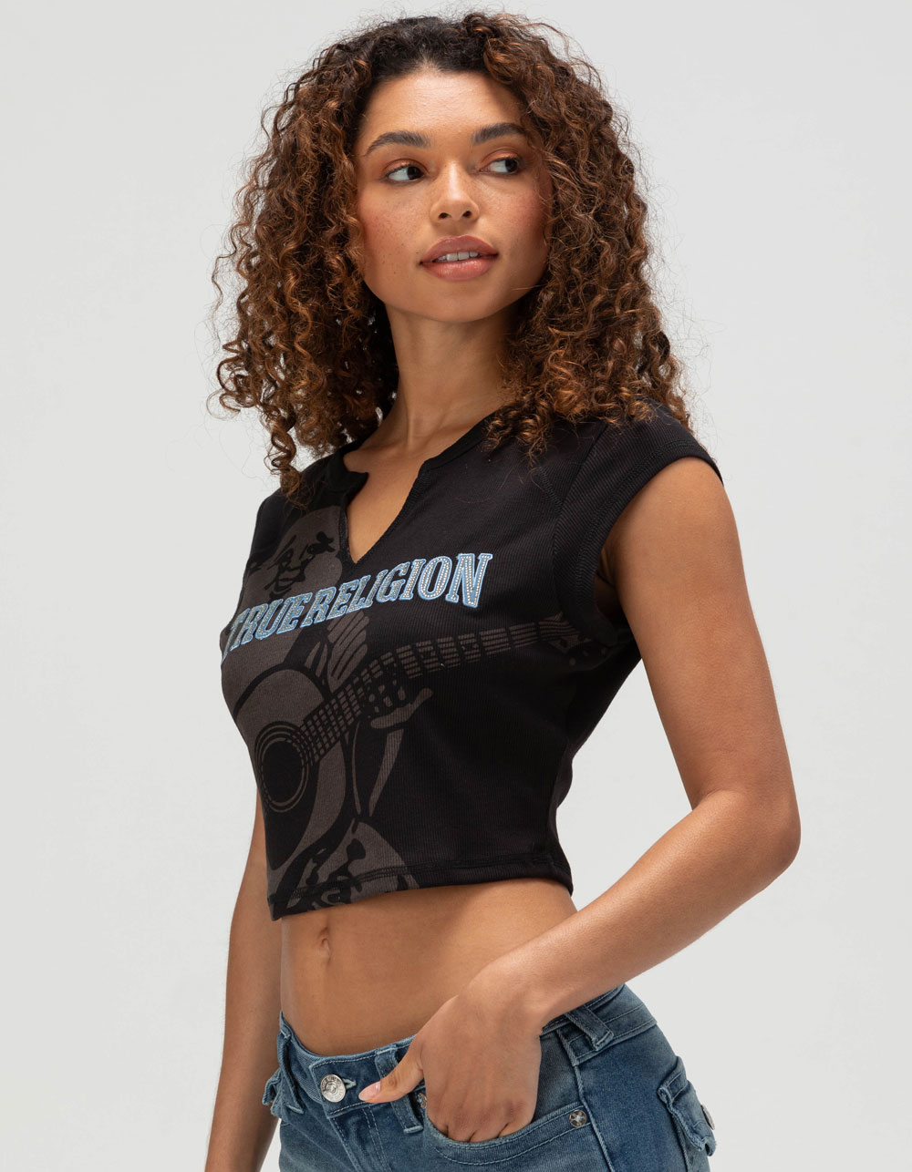 TRUE RELIGION Crystal Buddha Notch Womens Baby Tee - BLACK