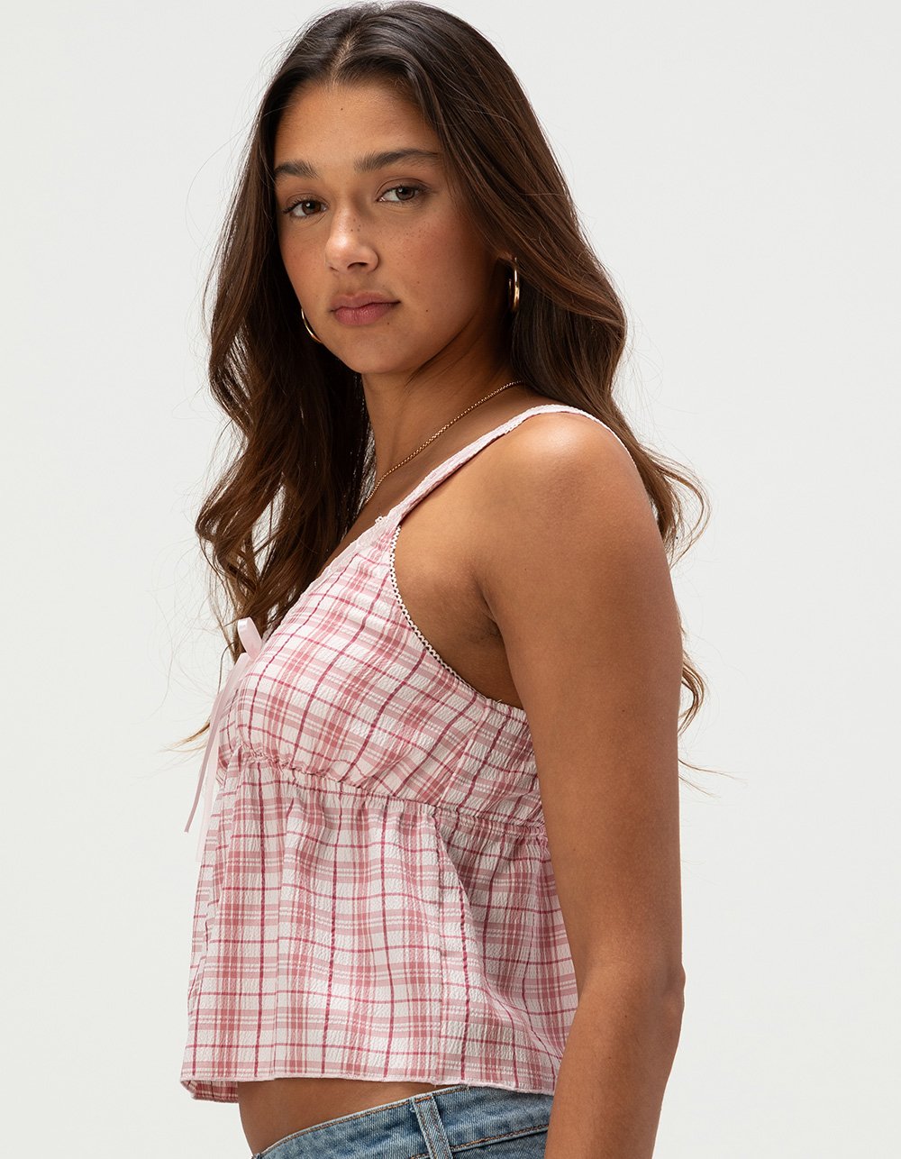 MADDEN GIRL Womens Plaid Babydoll Top - PALE PNK/BLK