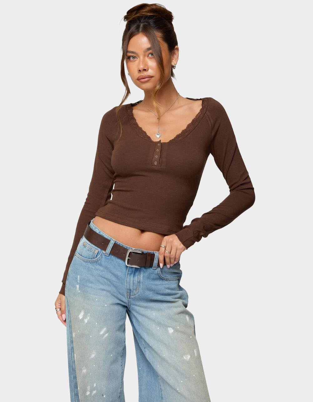 EDIKTED Shanah Lacey Henley Top - BROWN