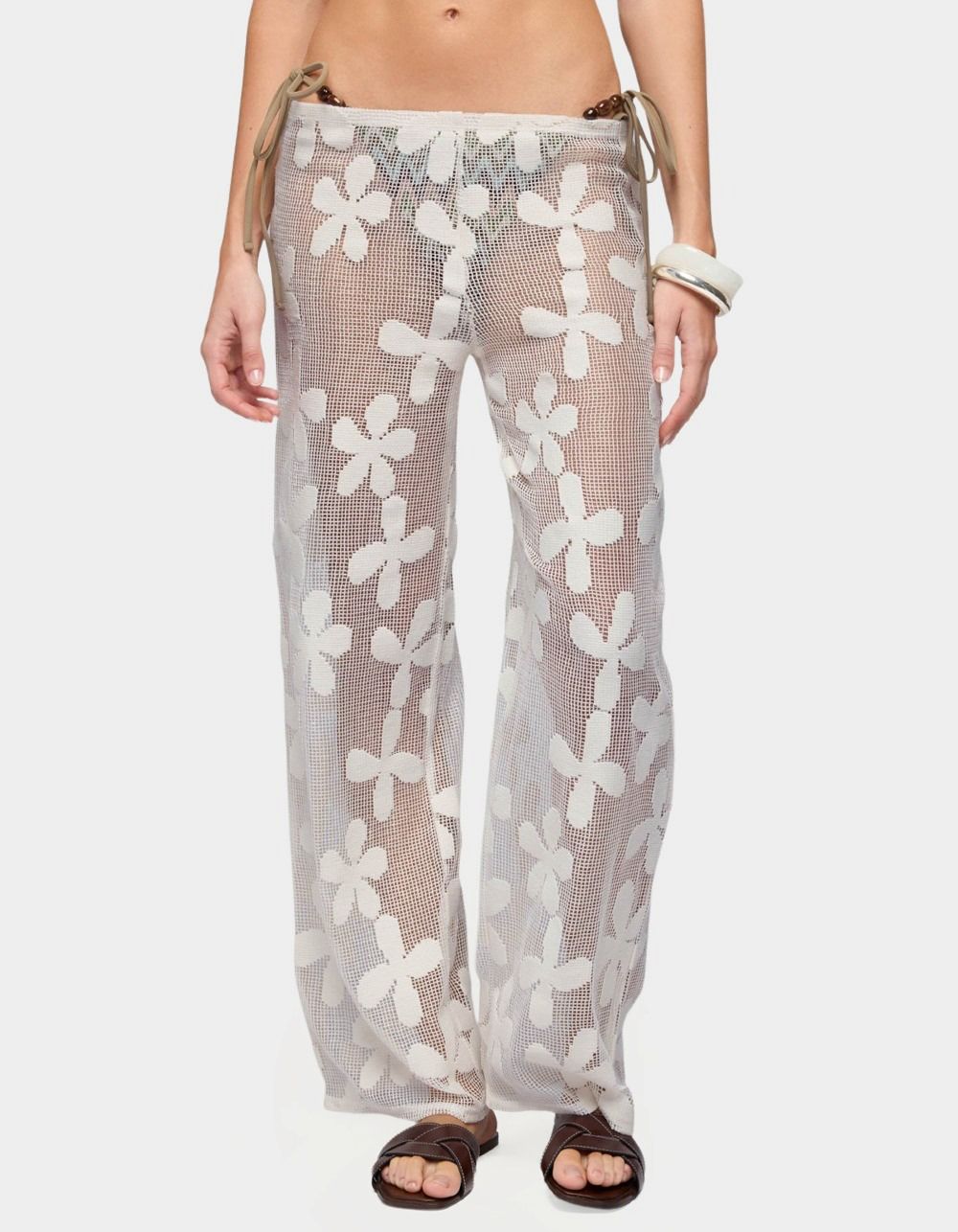EDIKTED Candace Floral Textured Sheer Pants - BEIGE