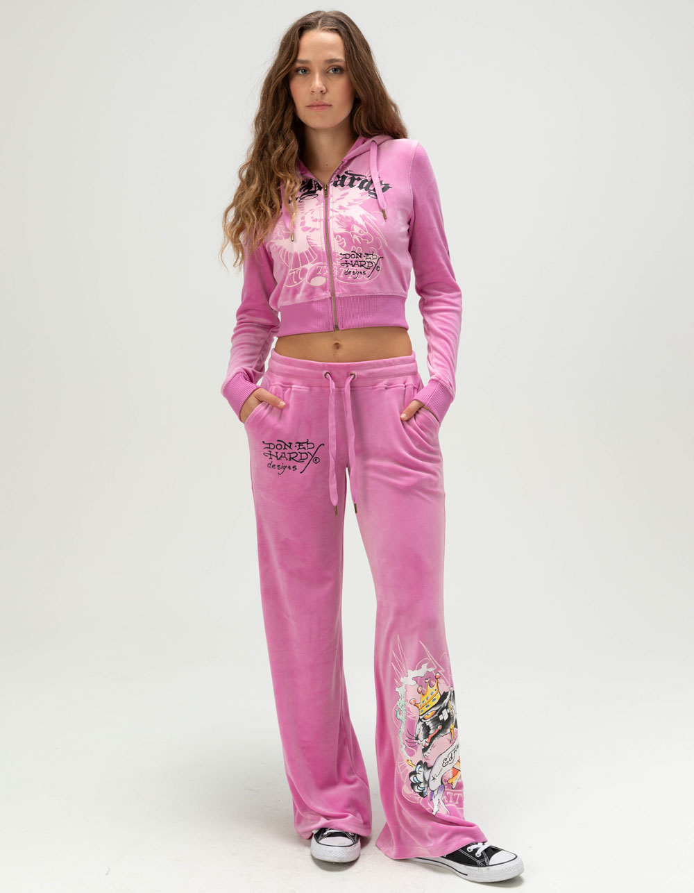 ED HARDY Panther Womens Velour Zip-Up Hoodie - ORCHID