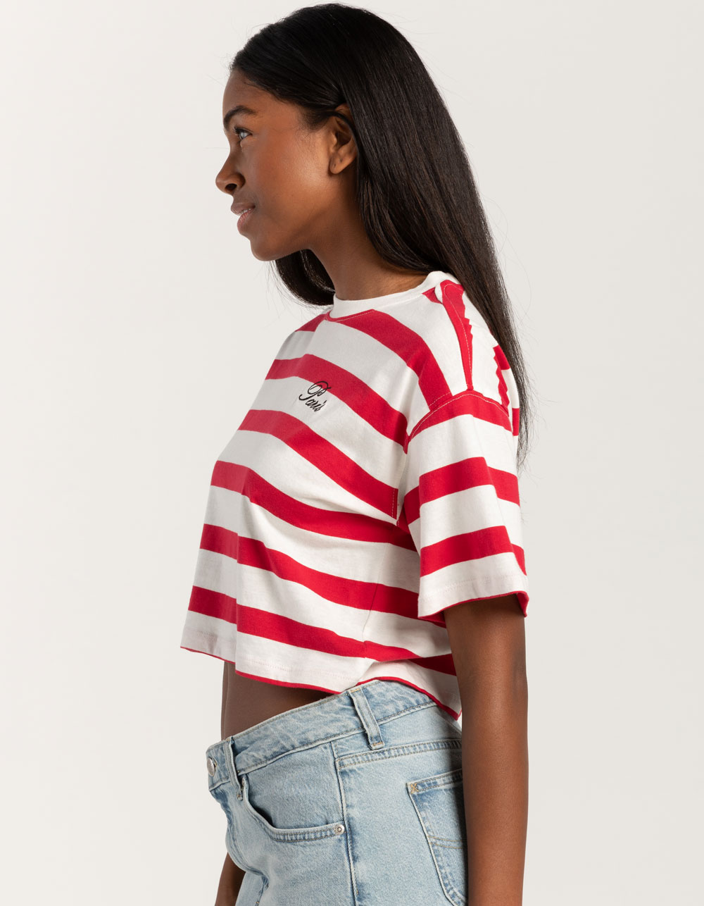 FULL TILT Stripe Paris Embroidered Womens Crop Tee - RED
