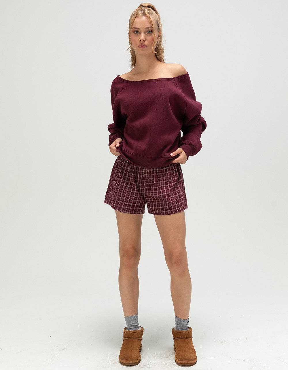 FULL TILT Plaid Flannel Womens Shorts - BURGUNDY COMBO