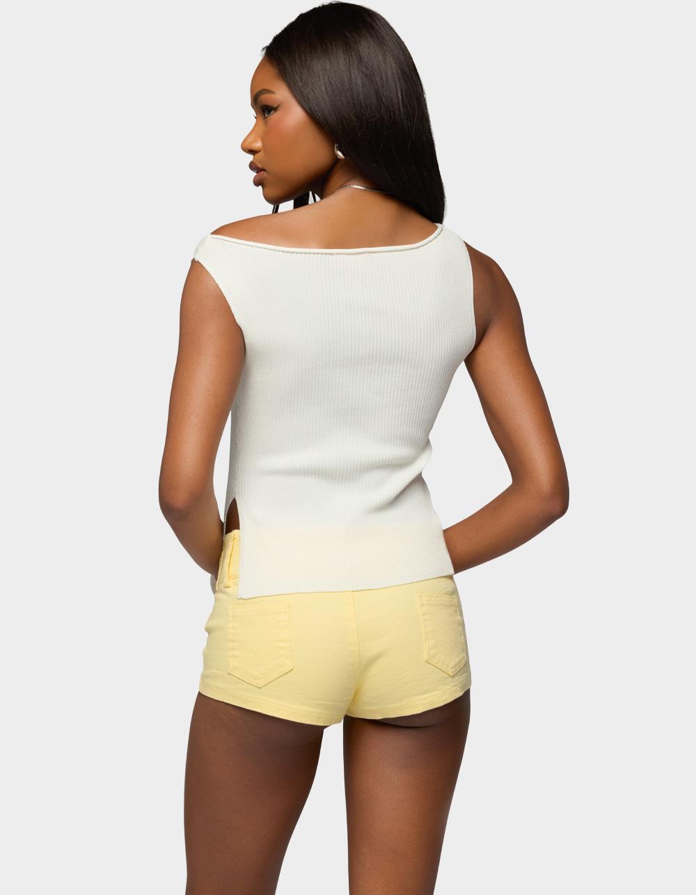 EDIKTED Myrah Asymmetric Off Shoulder Ribbed Knit Top - BEIGE