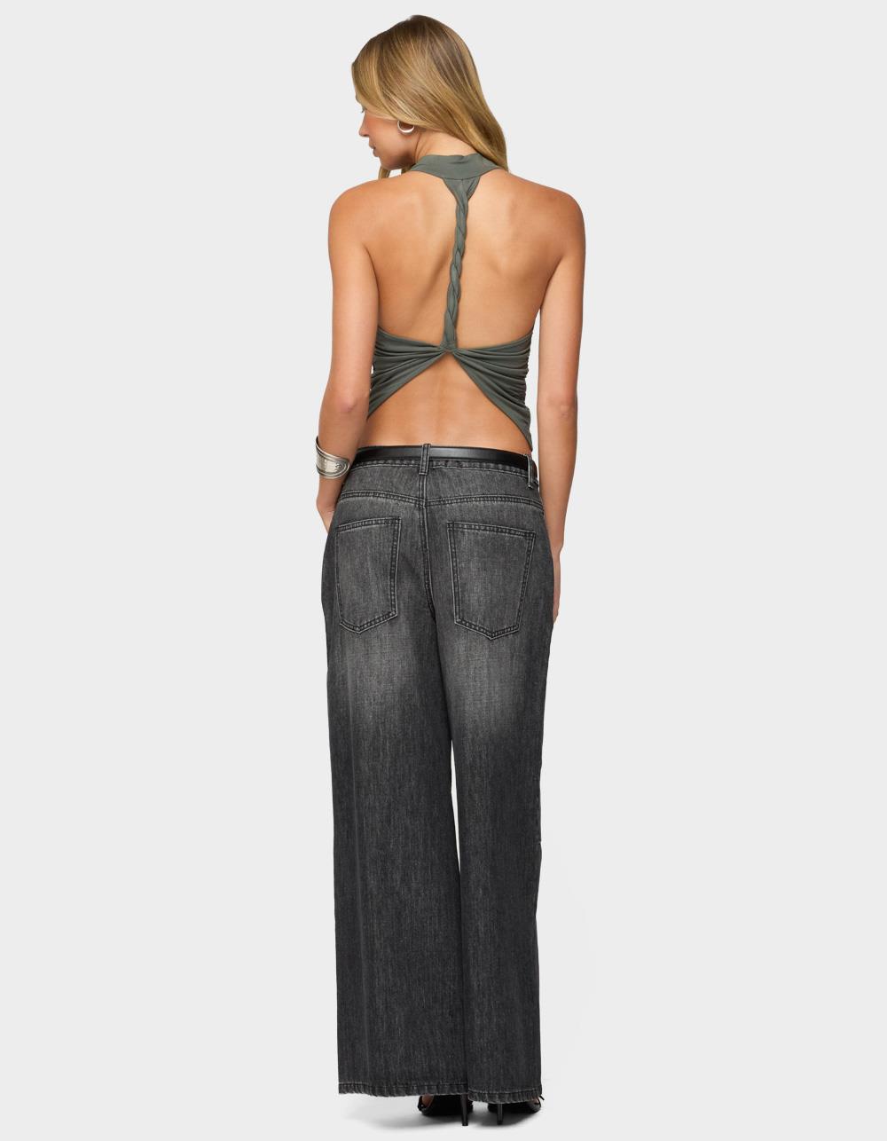 EDIKTED Collie Twisted High Cowl Neck Top - DK GREEN