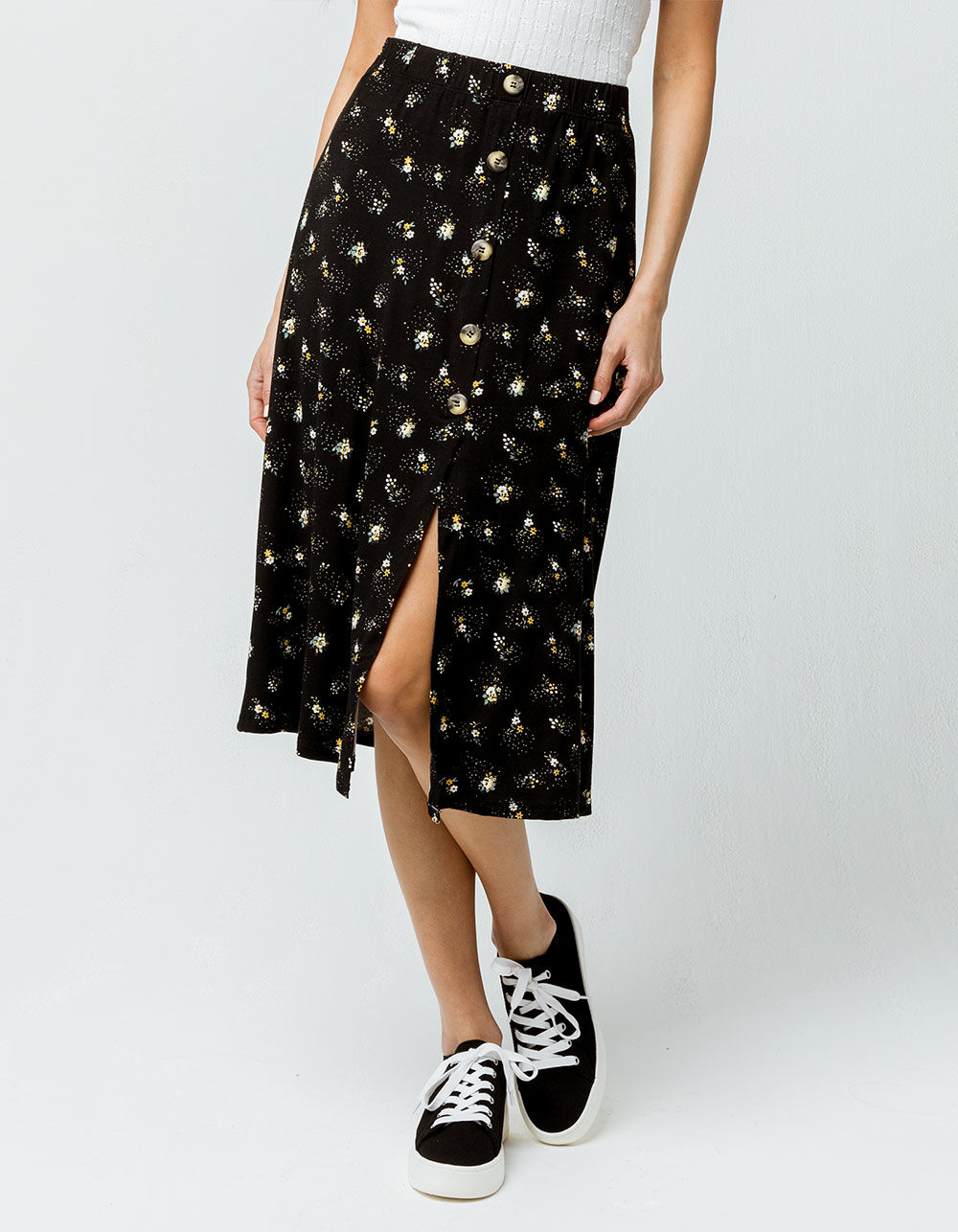 SKY AND SPARROW Floral Button Front Midi Skirt - BLACK COMBO | Tillys