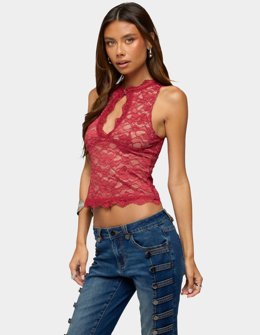 EDIKTED Frieda Keyhole Cutout Lace Top - DK RED