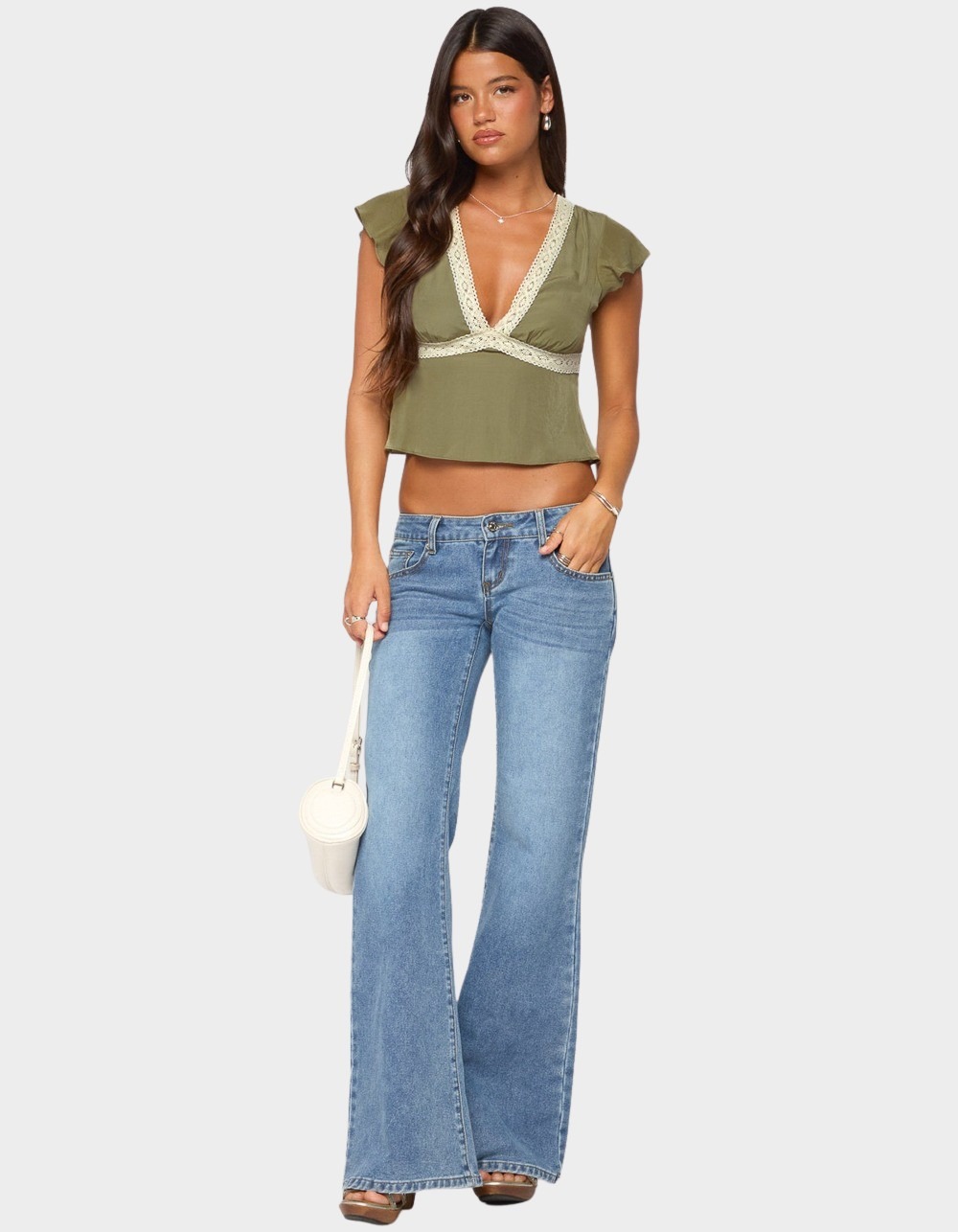 EDIKTED Kaela Lacey Flutter Sleeve Top - DK GREEN