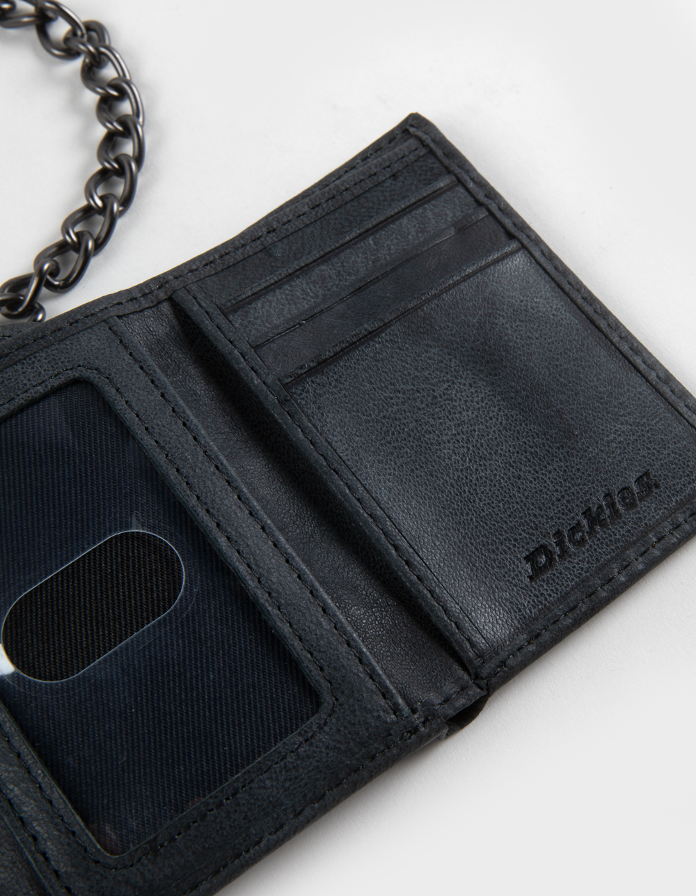DICKIES Genuine Leather Trifold Wallet with Chain - BLACK