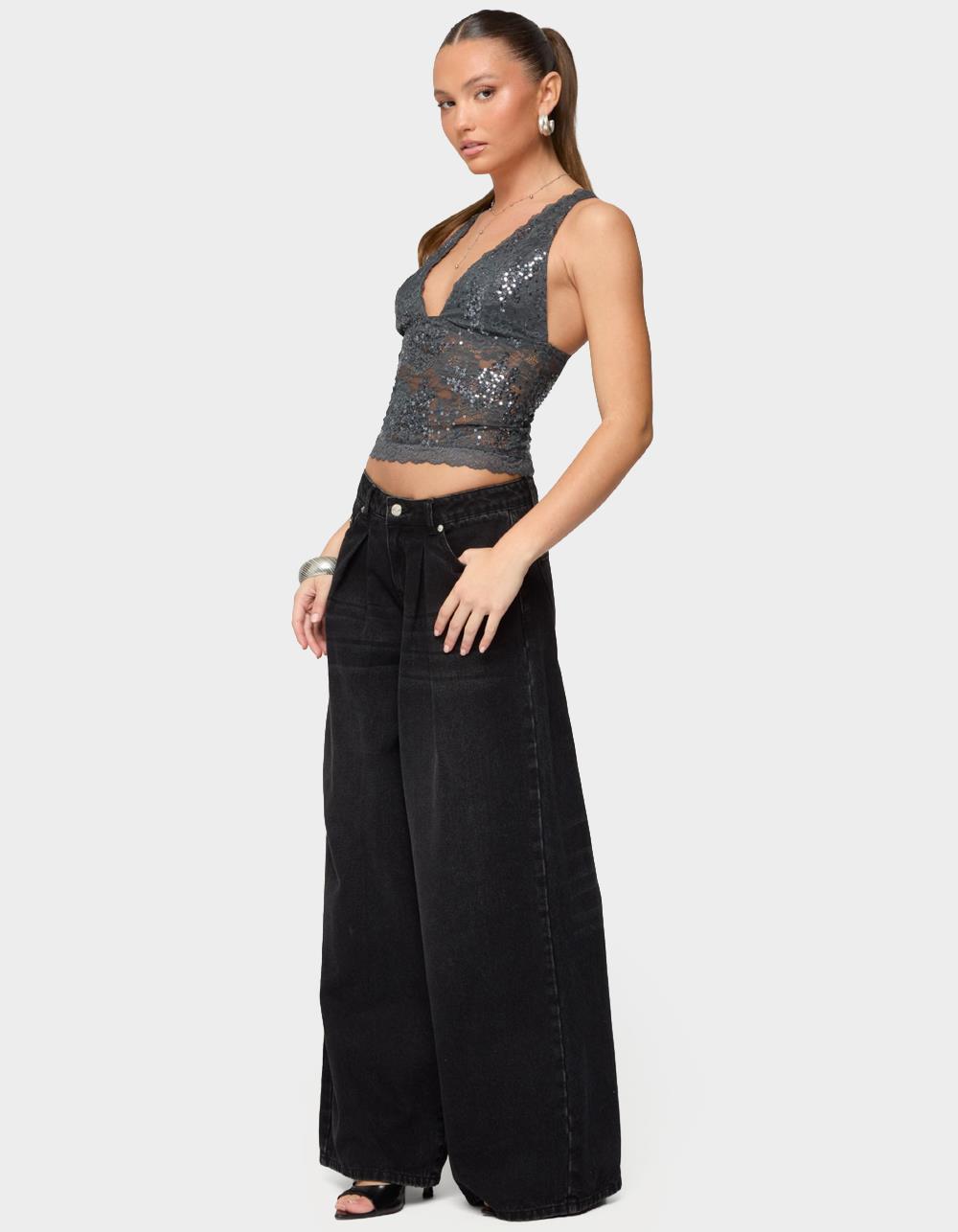 EDIKTED Isabela Sequin Sheer Lace Tank Top - GRAY