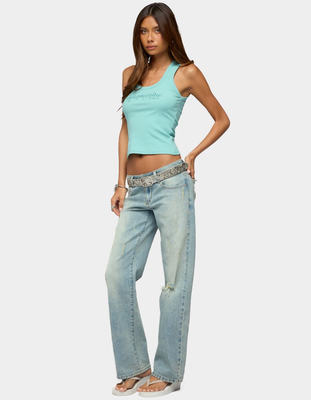 EDIKTED Aquaramine Rhinestone Ribbed Tank Top - TURQUOISE