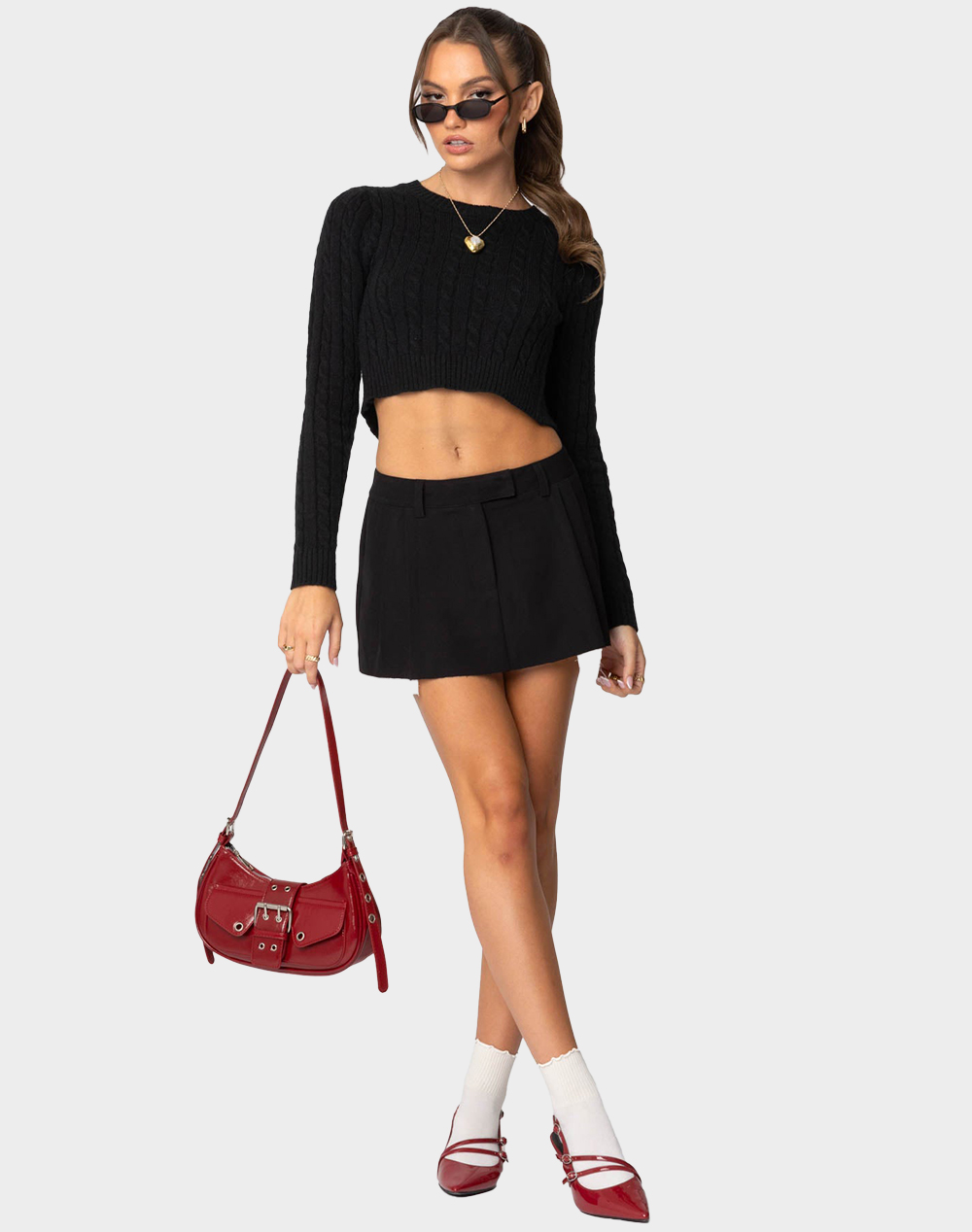 EDIKTED Bow Back Cropped Cable Knit Sweater - BLACK