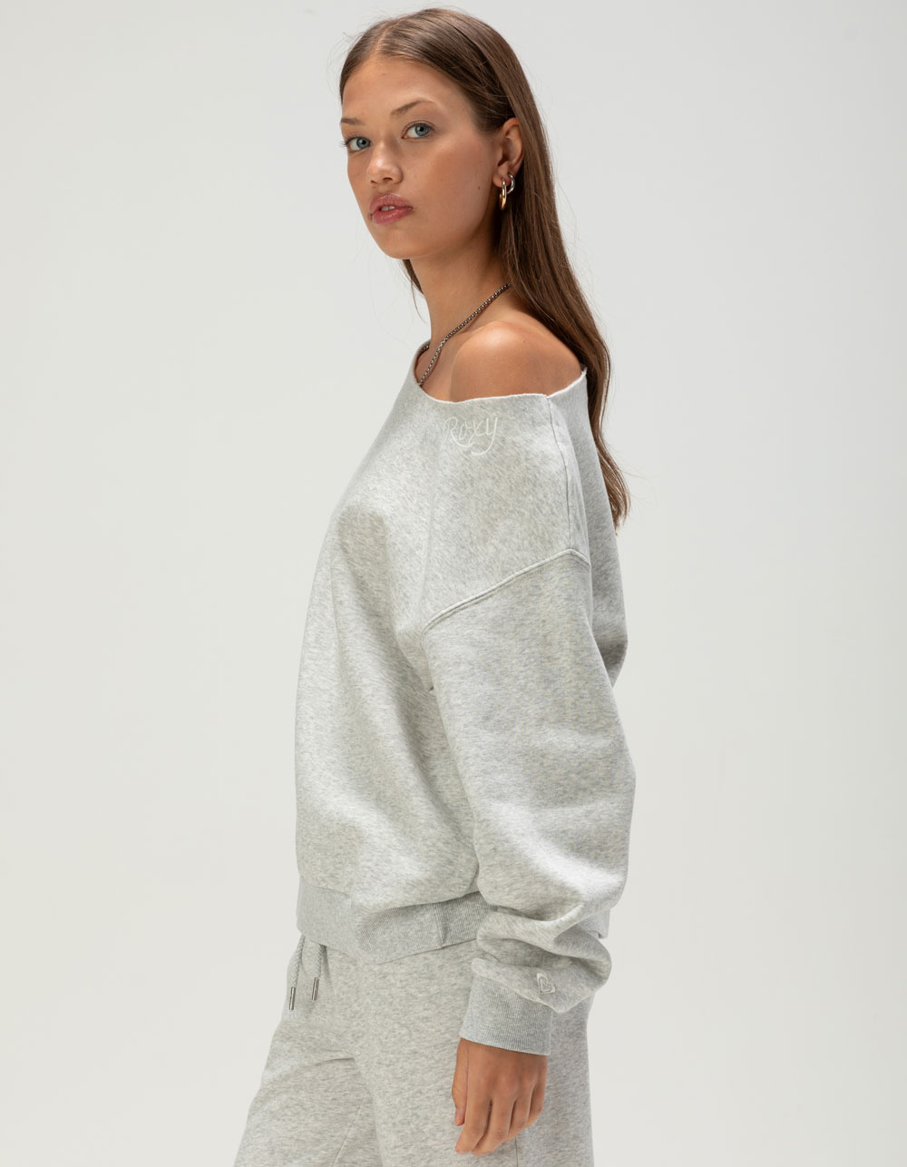 ROXY Wave Break Womens Off The Shoulder Sweatshirt - HEATHER GRAY