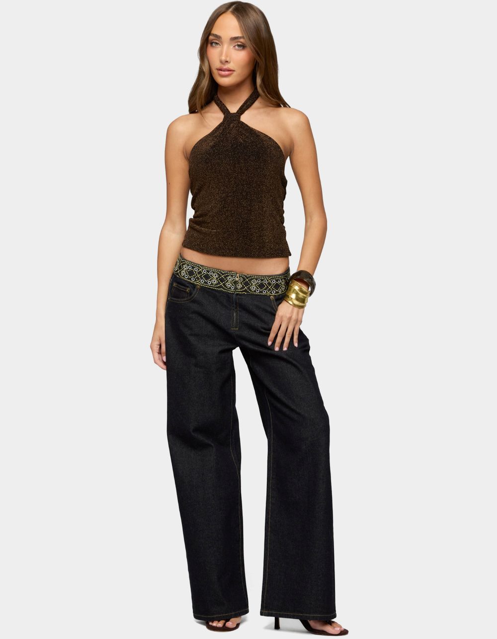 EDIKTED Katalya Glitter Halter Top - BROWN