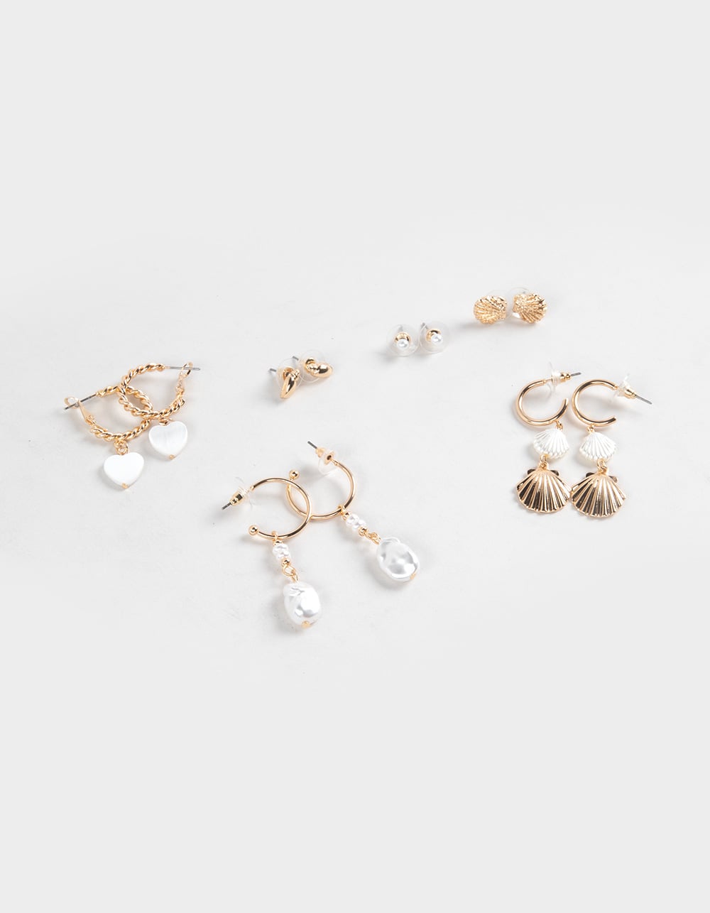 FULL TILT 5 Pack Faux Pearl/Heart/Shell Earrings - GOLD