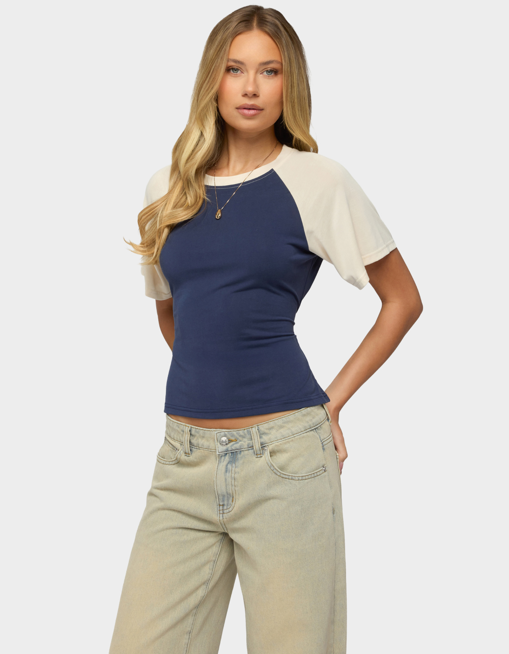 EDIKTED Fraise Contrast Back Tie Raglan Top - NAVY