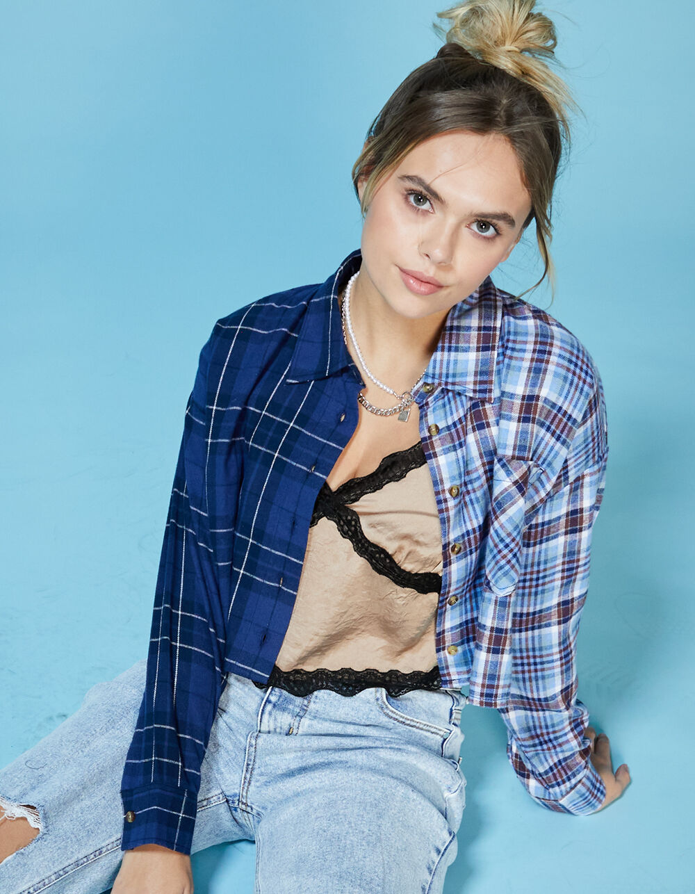 RSQ Womens Plaid Spliced Cropped Flannel - BLUE | Tillys