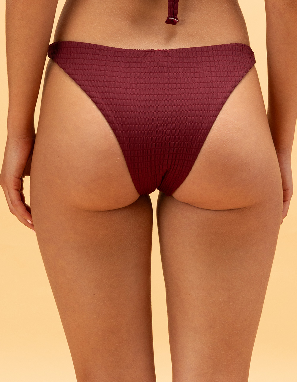FULL TILT Smocked Skimpy Bikini Bottoms - BURGUNDY