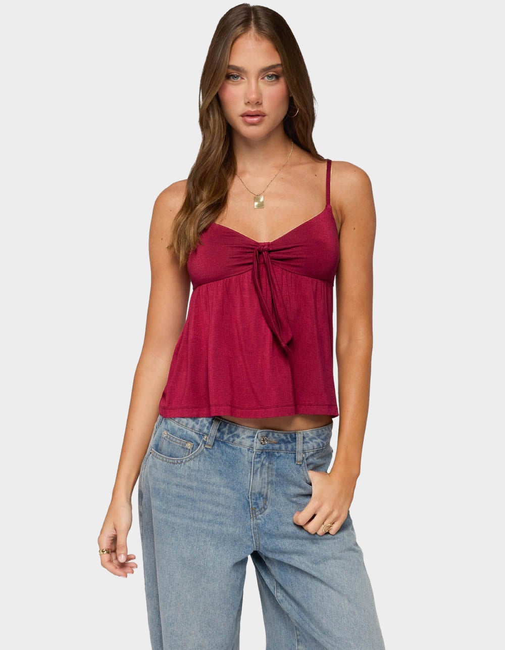 EDIKTED Michey Tie Front Babydoll Tank Top