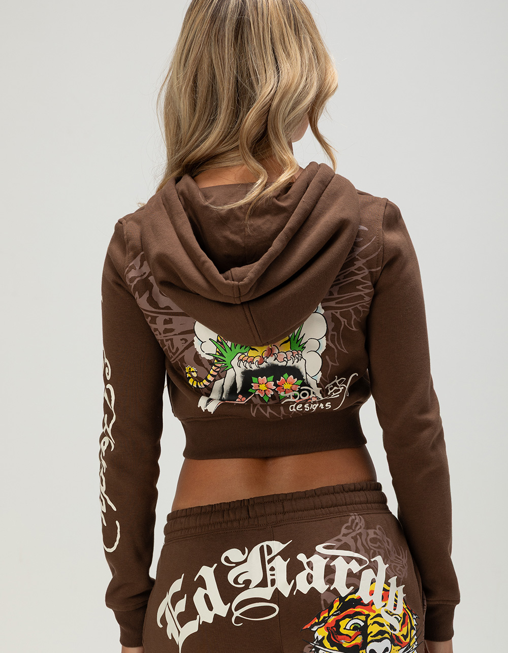 ED HARDY Tiger Rose Womens Crop Zip-Up Hoodie - BROWN