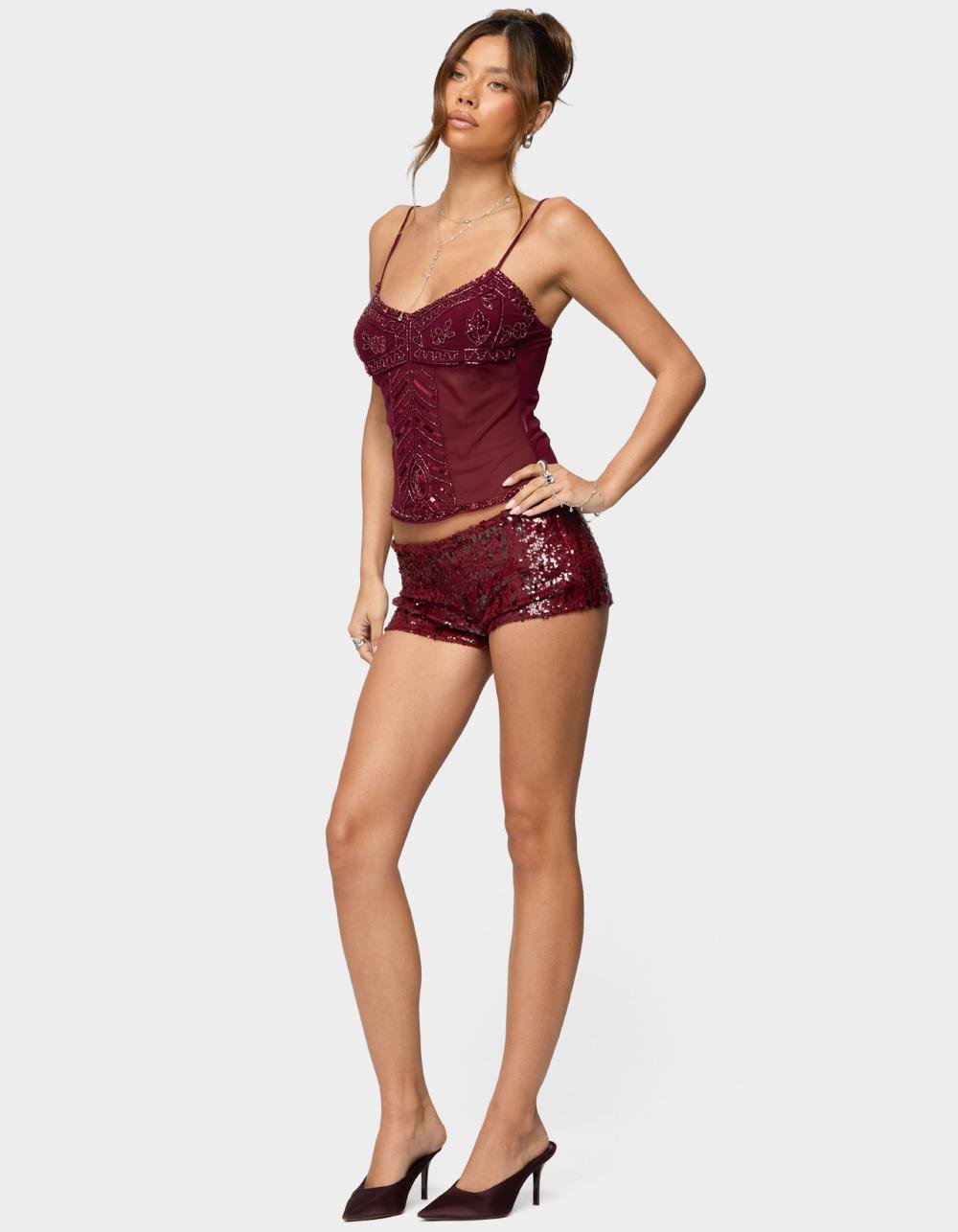 EDIKTED Azelia Beaded Sheer Mesh Top