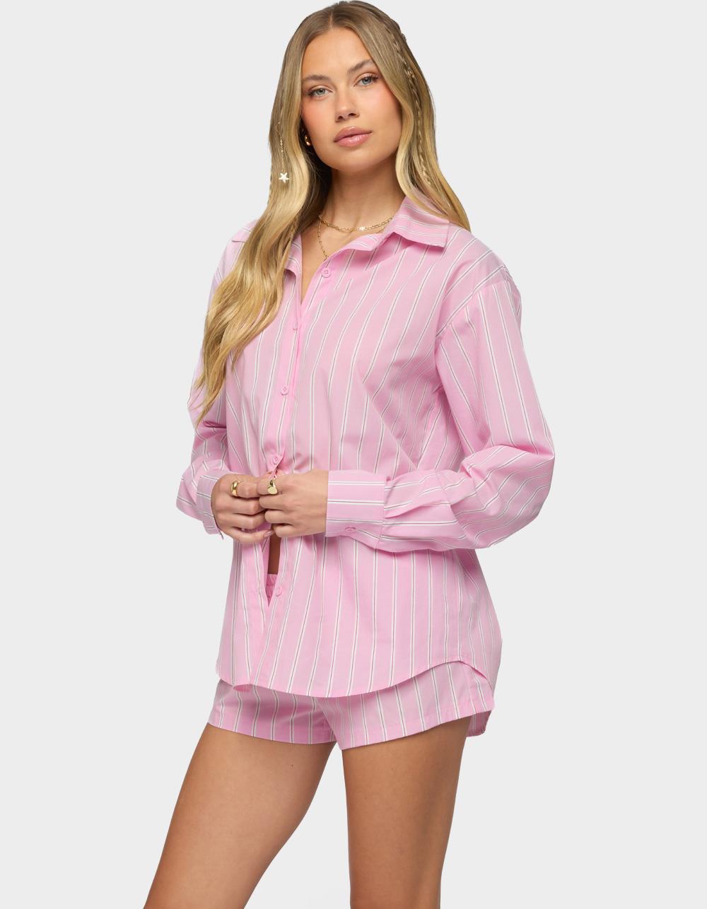 EDIKTED Carmella Striped Oversized Shirt - PINK