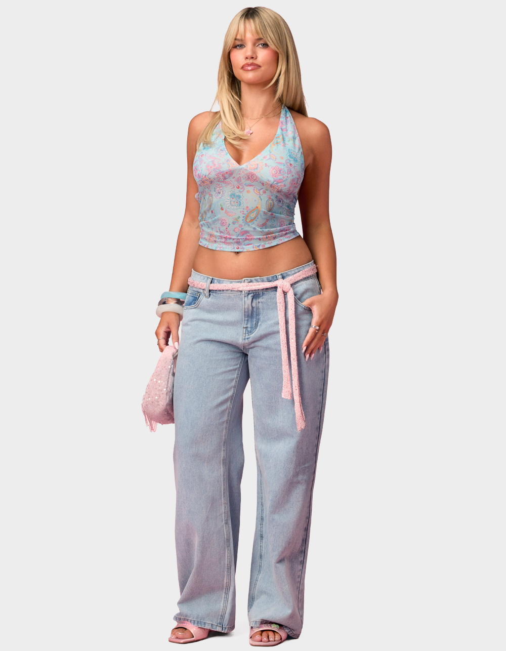EDIKTED Barbie™ Fever Paisley Mesh Halter Top - LIGHT BLUE