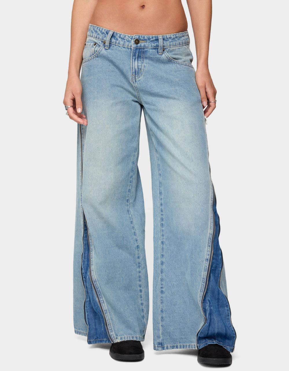 EDIKTED Zippered Washed Wide Leg Jeans - BLUE