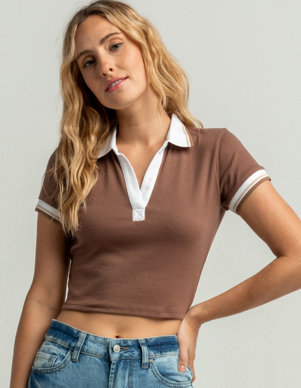 RSQ Contrast Fitted Womens Brown Polo Tee BROWN Tillys