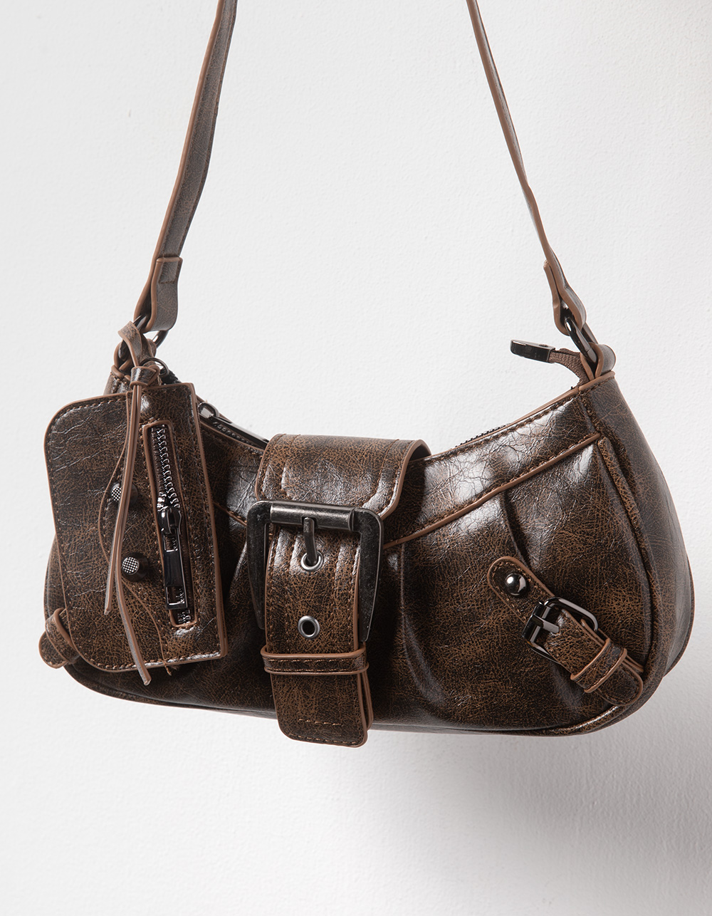 Mini Buckle Shoulder Bag - BROWN