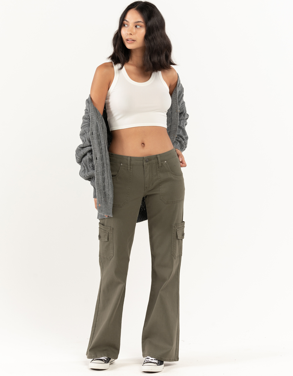 RSQ Womens Low Rise Cargo Flare Pants - OLIVE