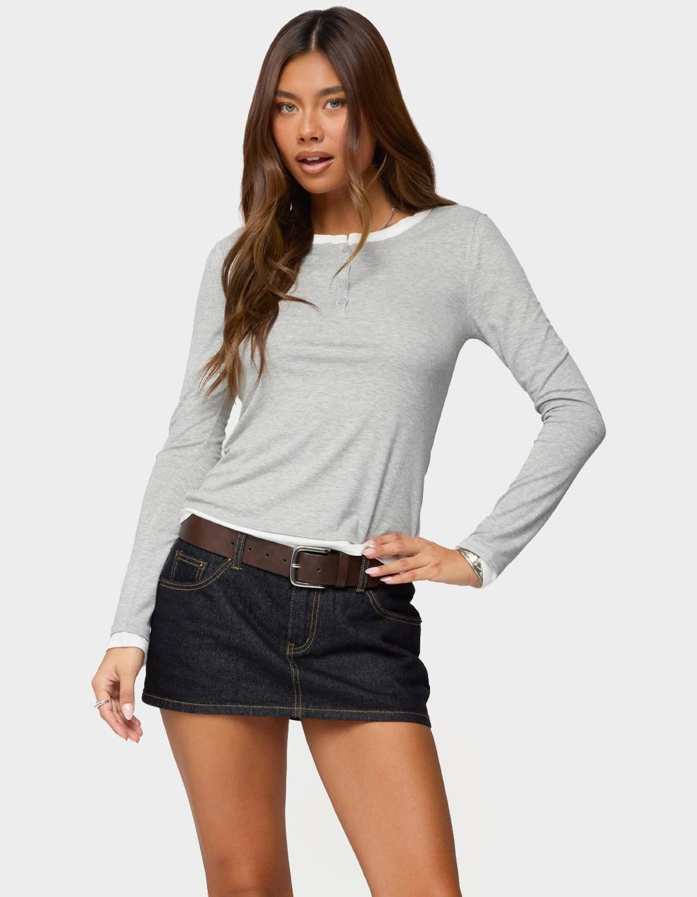 EDIKTED Contrast Layered Look Henley Top - GRAY
