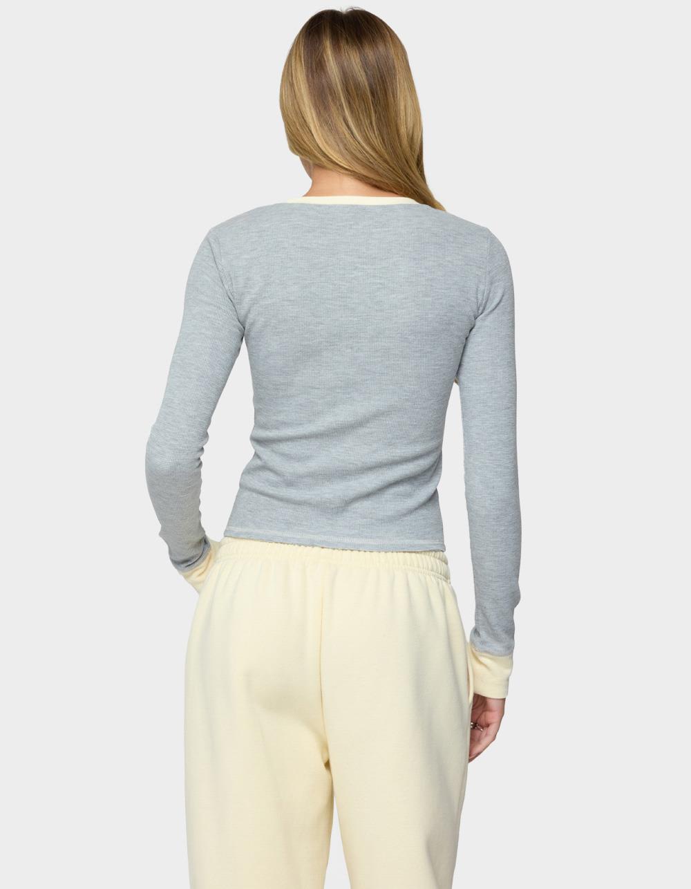 EDIKTED Rora Contrast Long Sleeve Waffle Top - GRAY