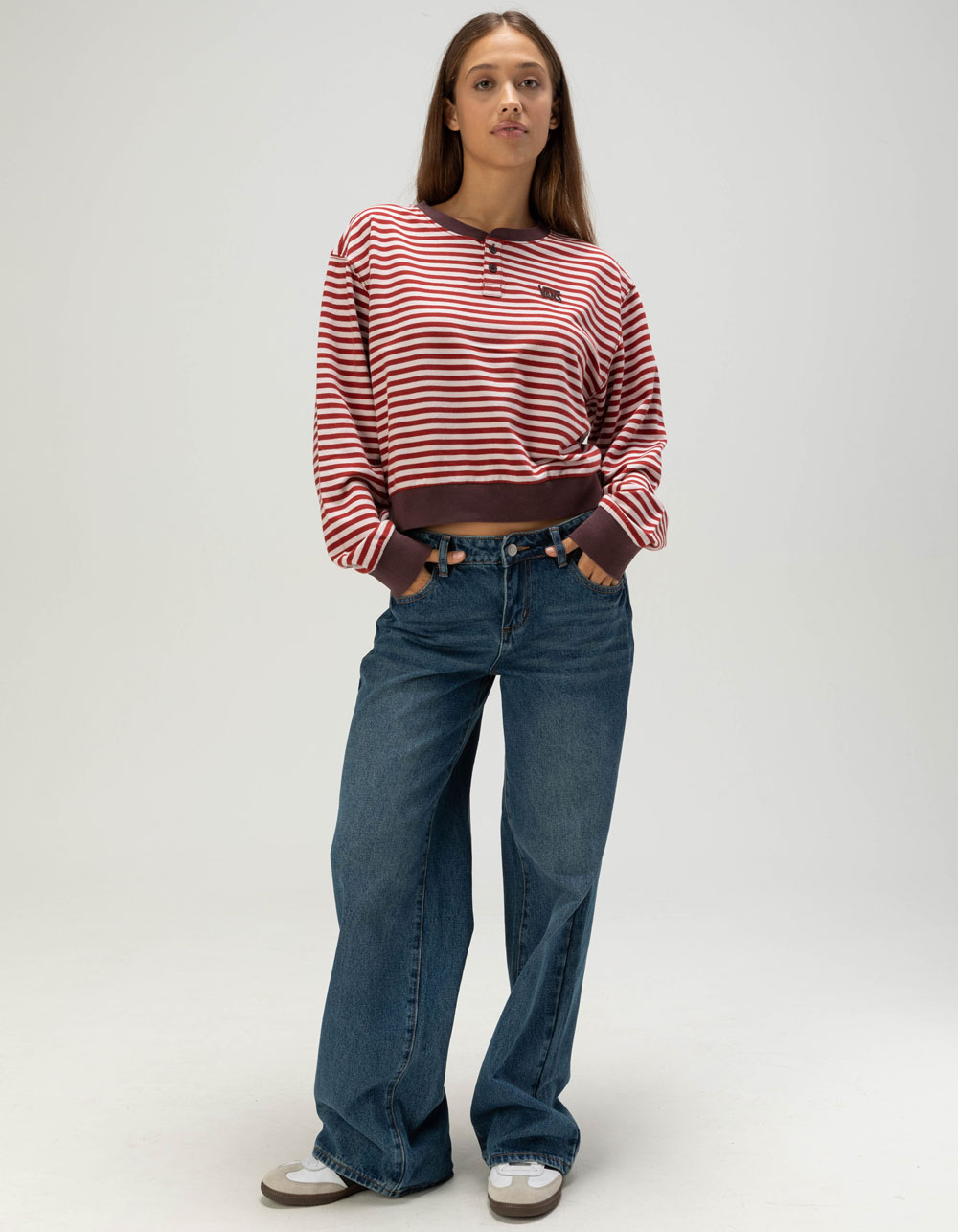 VANS Molly Womens Long Sleeve Henley Top - BURGUNDY COMBO