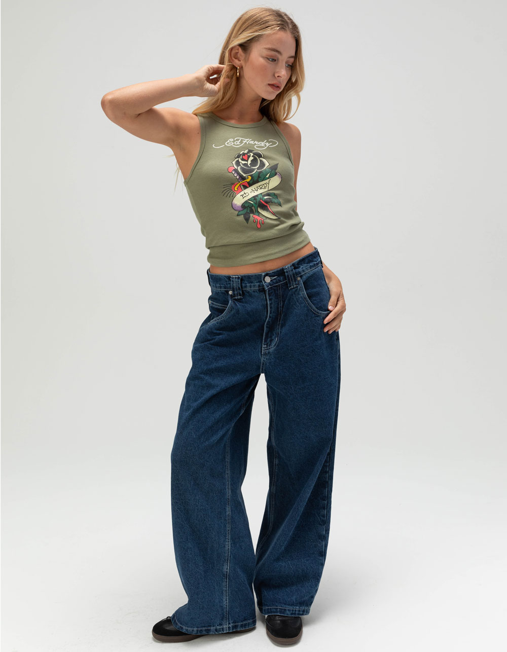 ED HARDY Black Rose Womens Tank Top - OLIVE