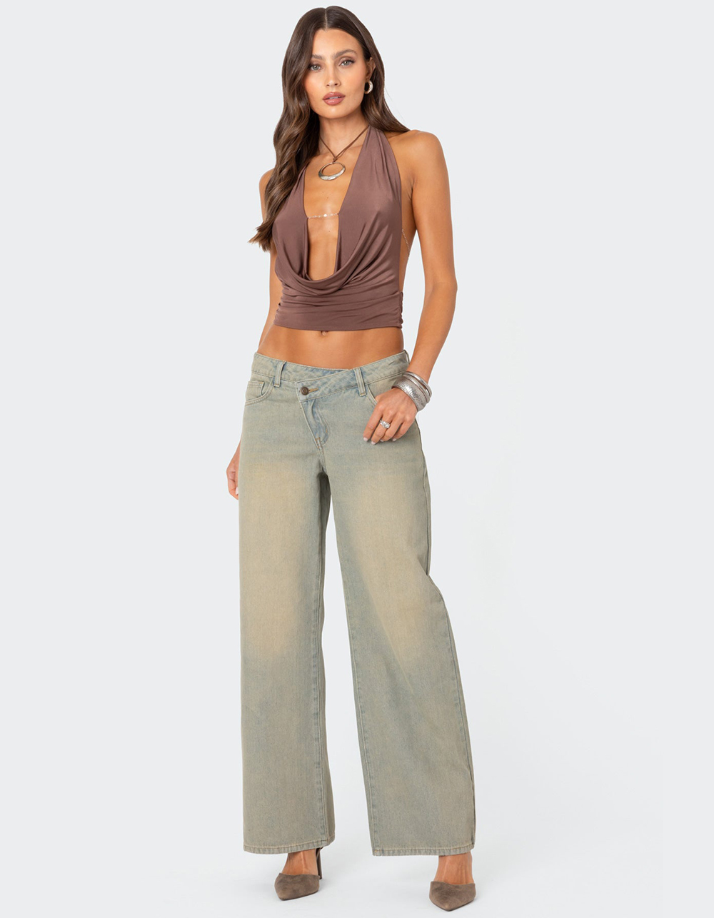 EDIKTED Deep Cowl Neck Open Back Top - BROWN