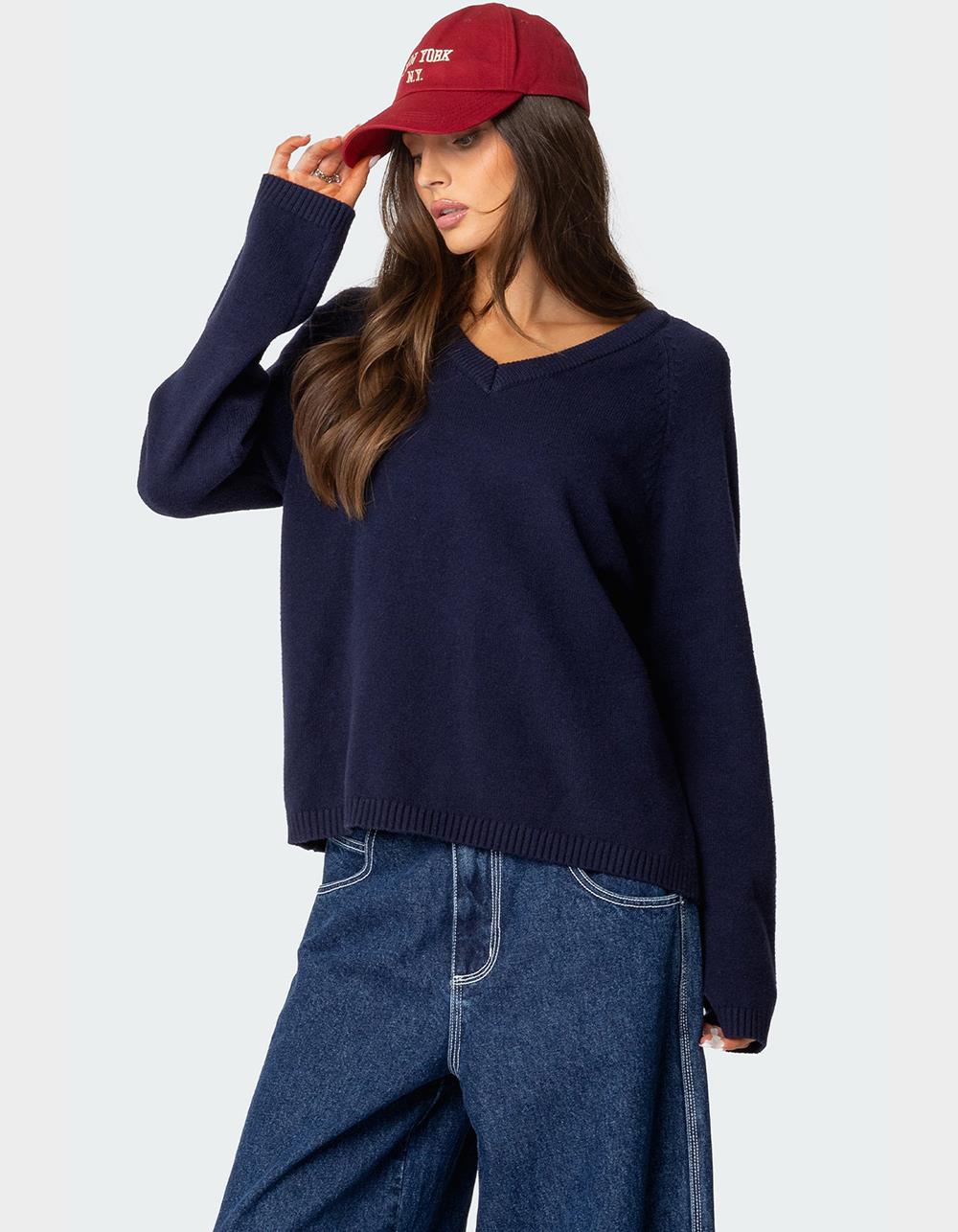 EDIKTED Martha Oversized V-Neck Sweater - NAVY