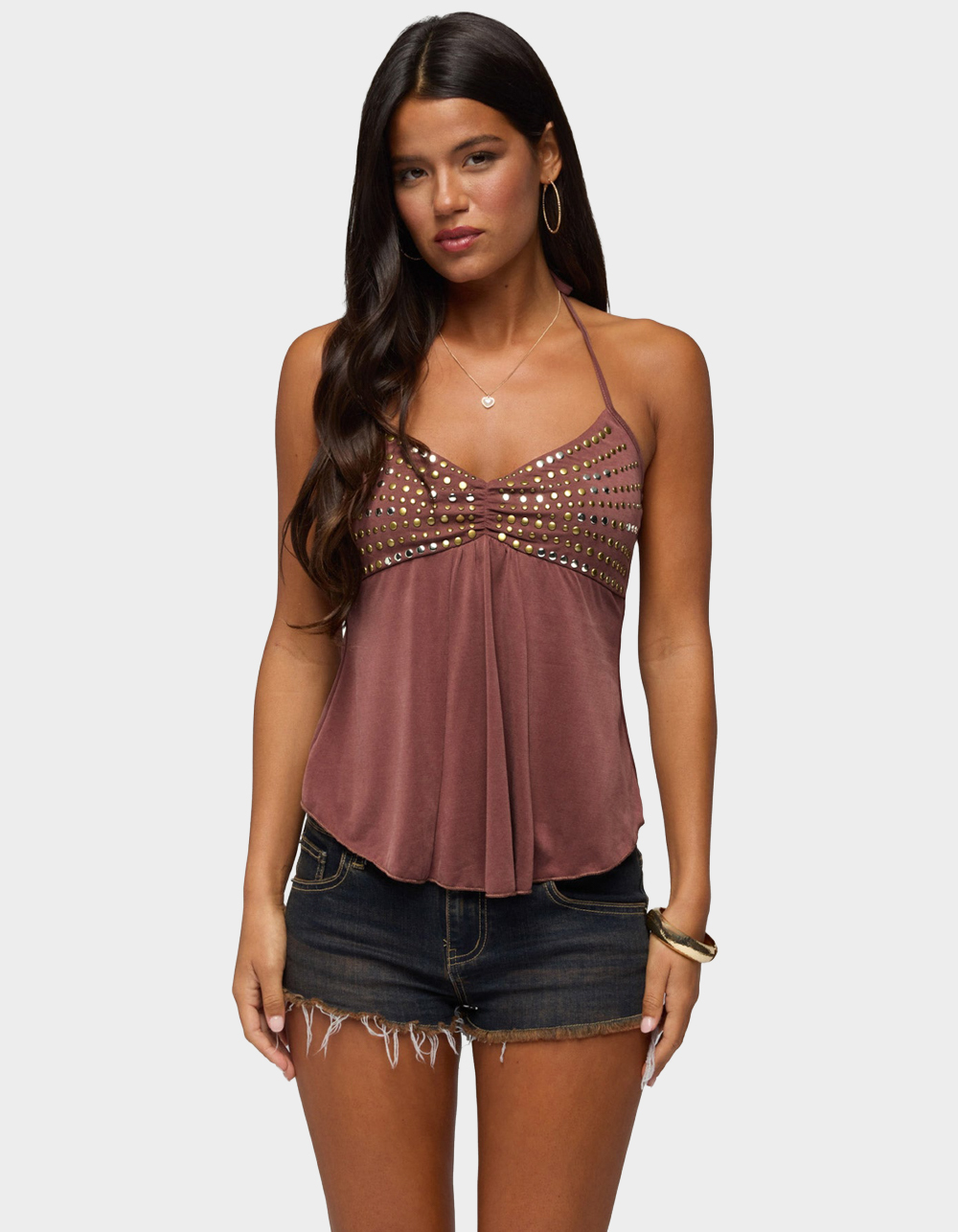 EDIKTED Ivana Studded Halter Top - BROWN