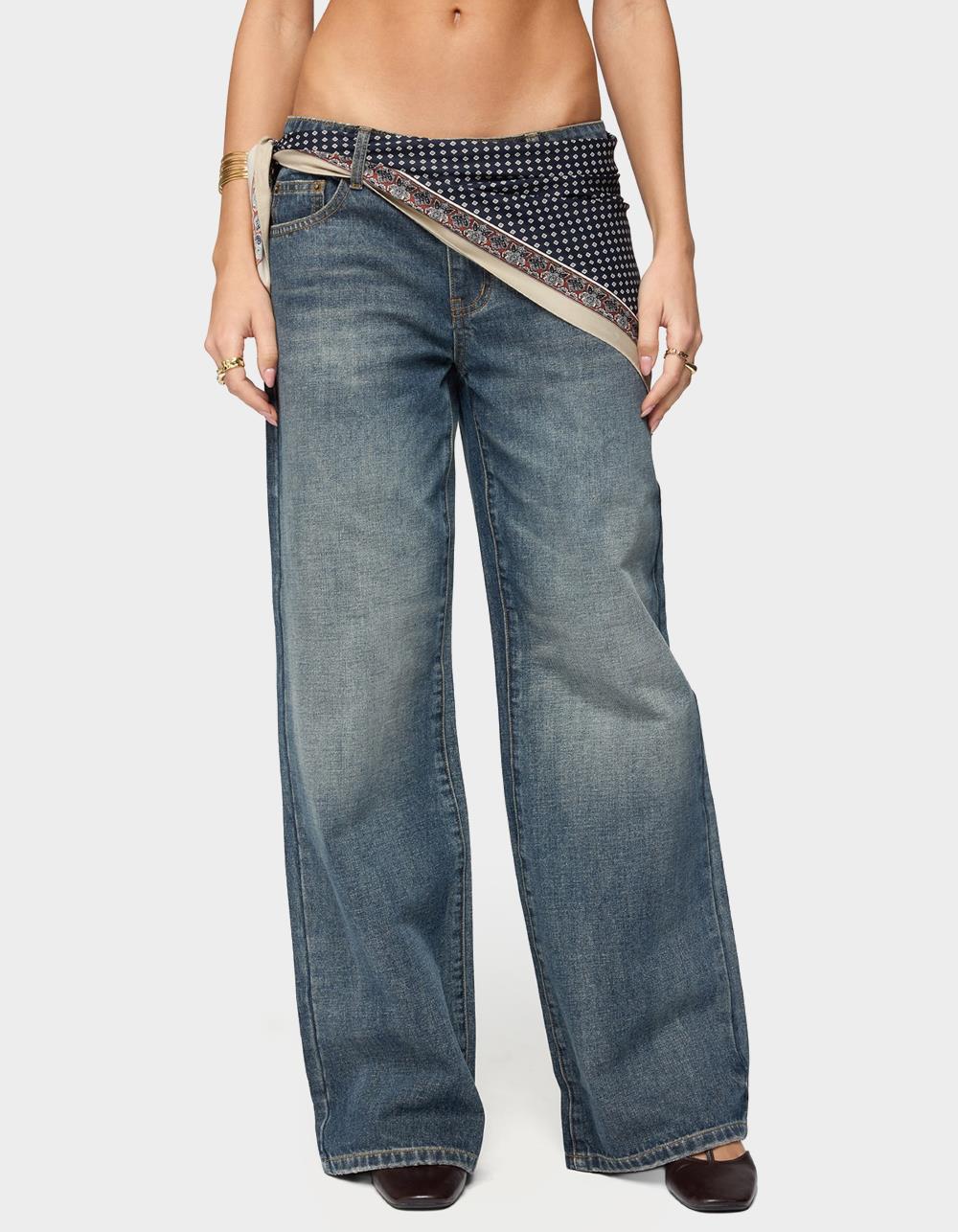 EDIKTED Della Waist Scarf Low Rise Baggy Jeans - BLUE