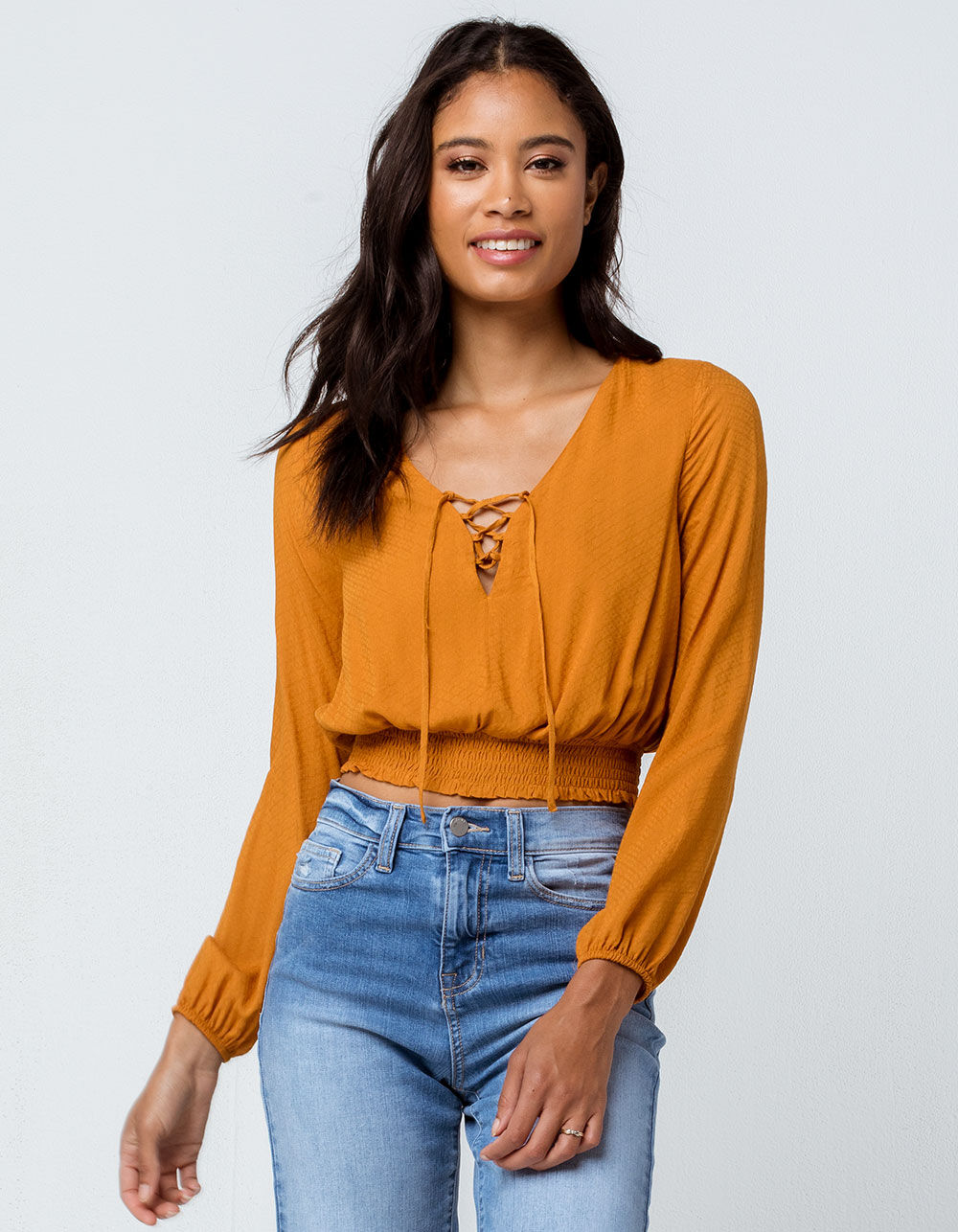 SKY AND SPARROW Lace Up Smock Mustard Womens Top - MUSTARD | Tillys