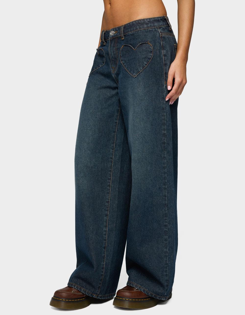 EDIKTED Heart Pockets Low Rise Baggy Jeans - DARK BLUE