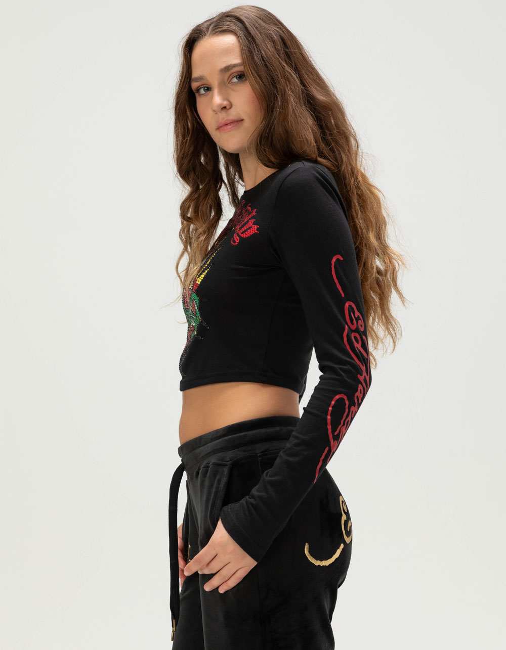 ED HARDY Cross Womens Long Sleeve Baby Tee - BLACK