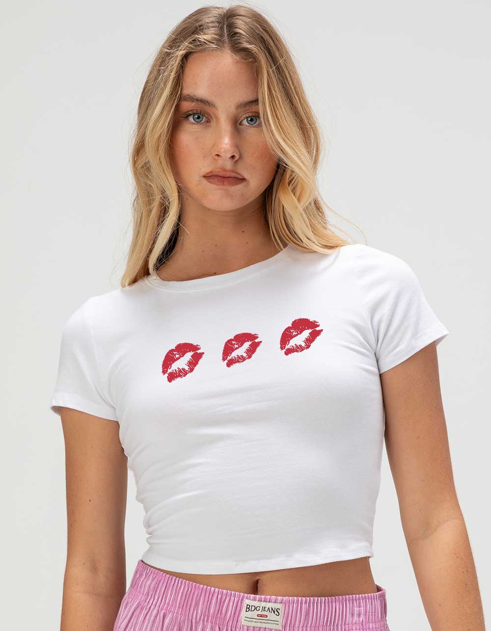 KISS Lip Trio Womens Baby Tee - WHITE